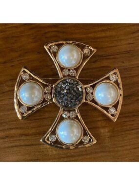 Chicos Large Goldtone Faux Pearl Hematite Brooch Pin